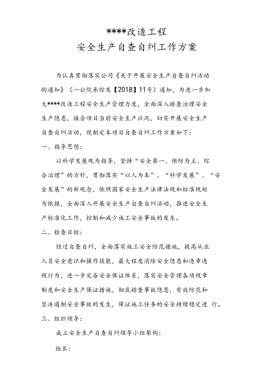 某工程安全生产自查自纠实施方案.docx_第1页