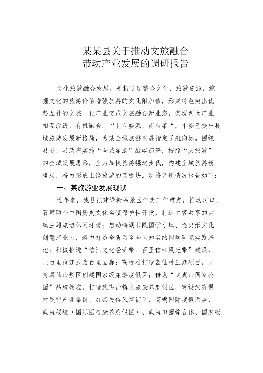 某某县关于推动文旅融合带动产业发展的调研报告.docx_第1页