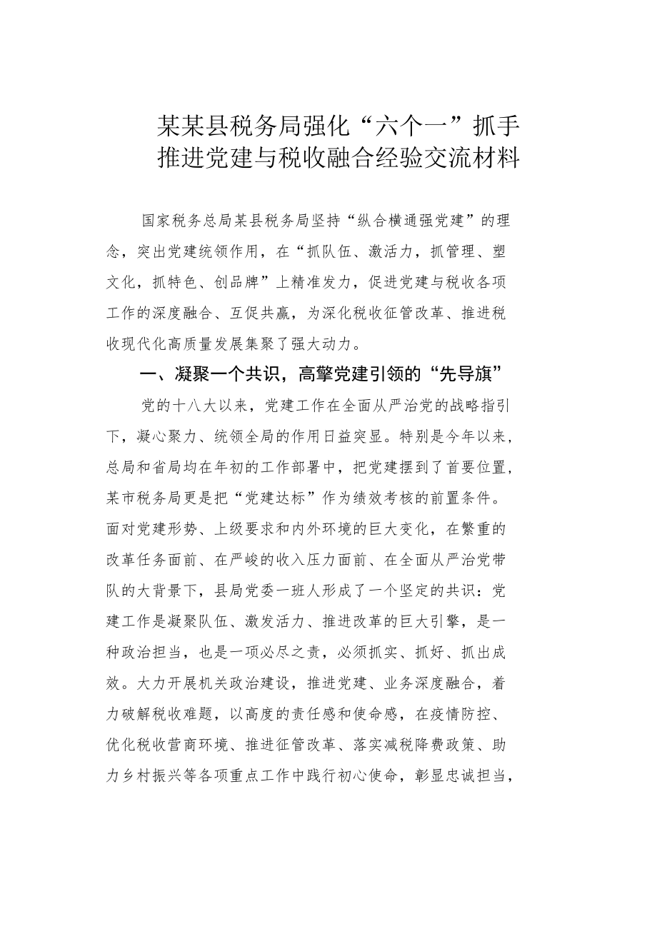 某某县税务局强化“六个一”抓手推进党建与税收融合经验交流材料.docx_第1页