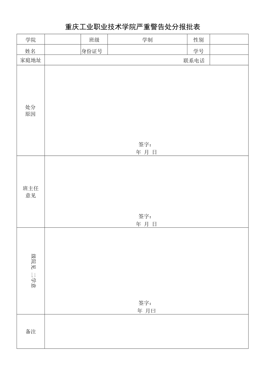 重庆工业职业技术学院记过处分报批表.docx_第1页