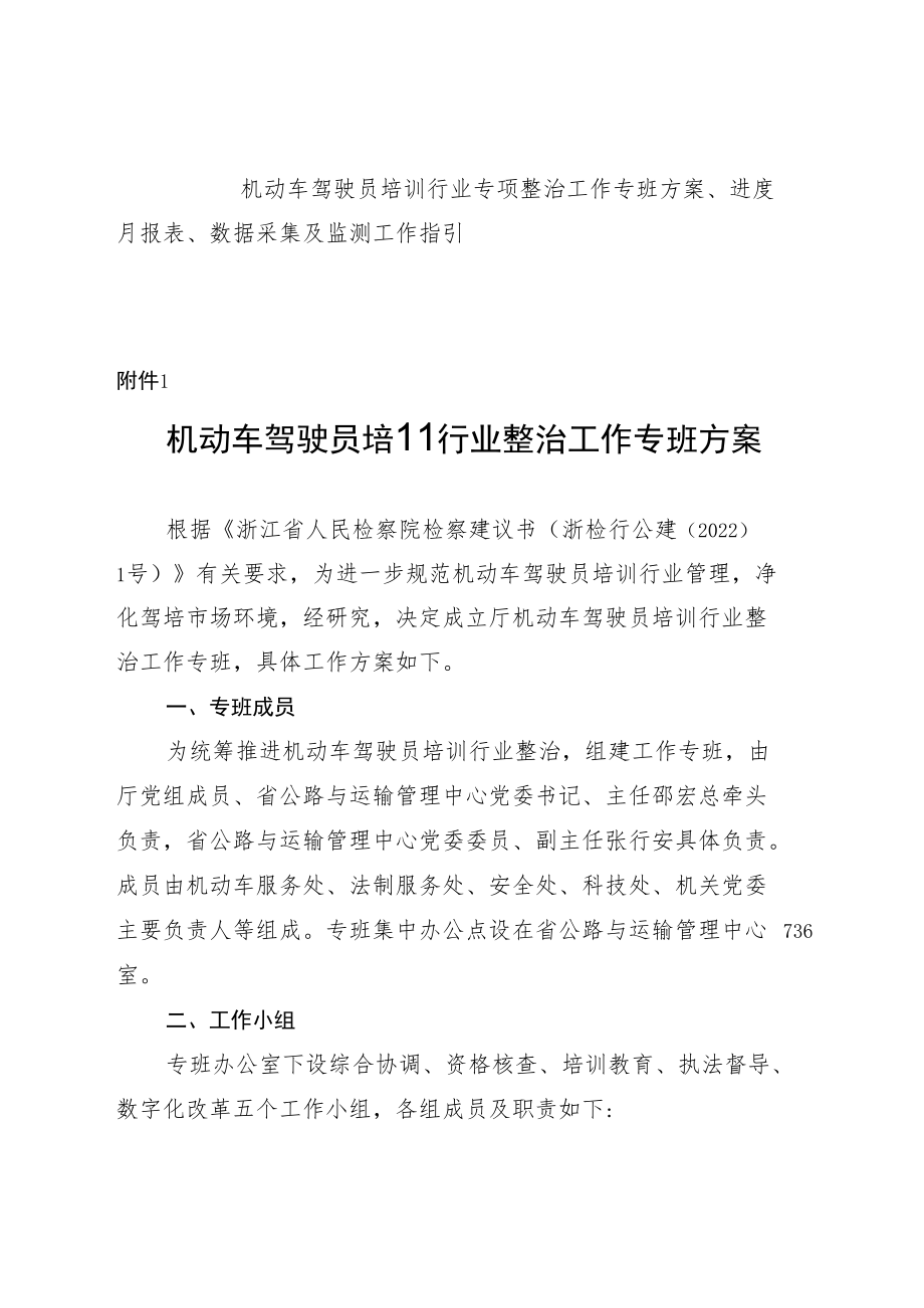 机动车驾驶员培训行业专项整治工作专班方案、进度月报表、数据采集及监测工作指引.docx_第1页