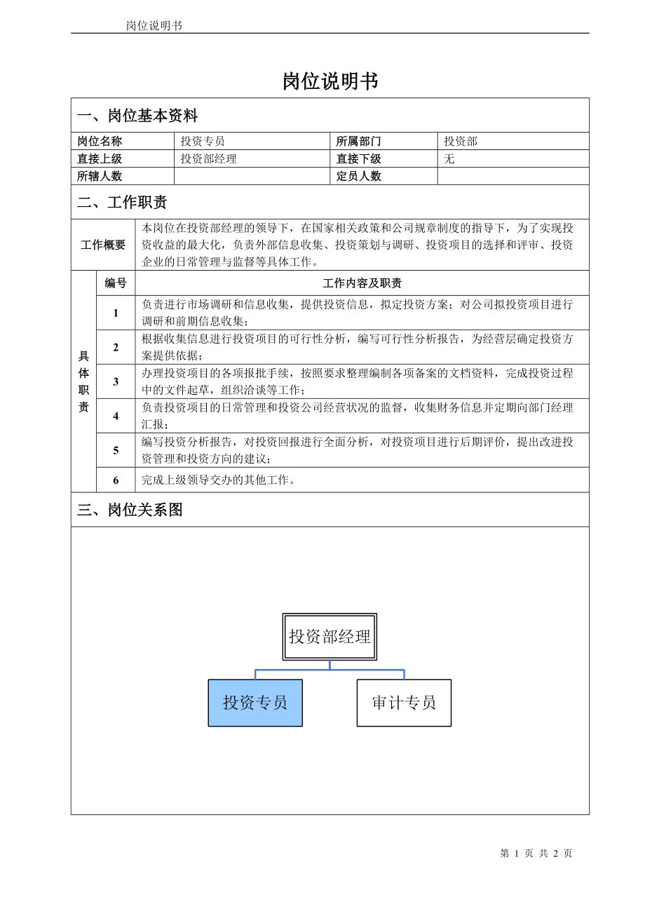 投资专员岗位说明书.docx_第1页