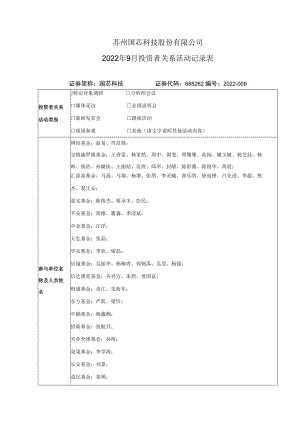 苏州国芯科技股份有限公司2022年9月投资者关系活动记录表.docx