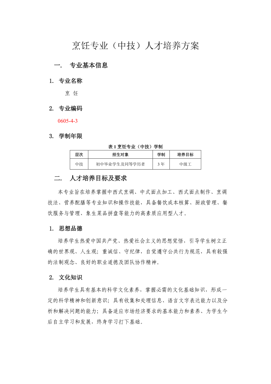 三年制中技烹饪专业人才培养方案.doc_第1页