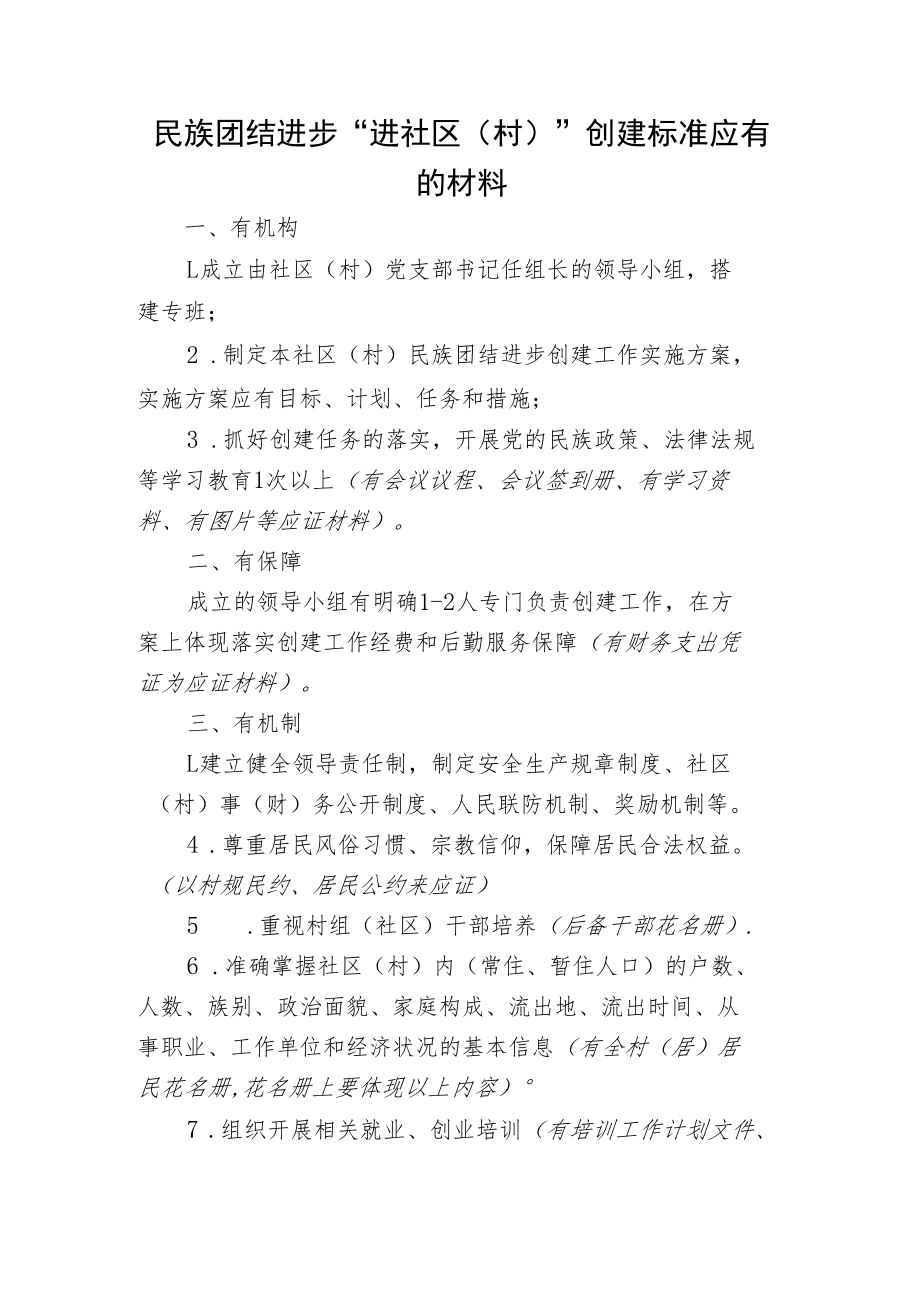 民族团结进步“进社区（村）”创建标准应有的材料.docx_第1页