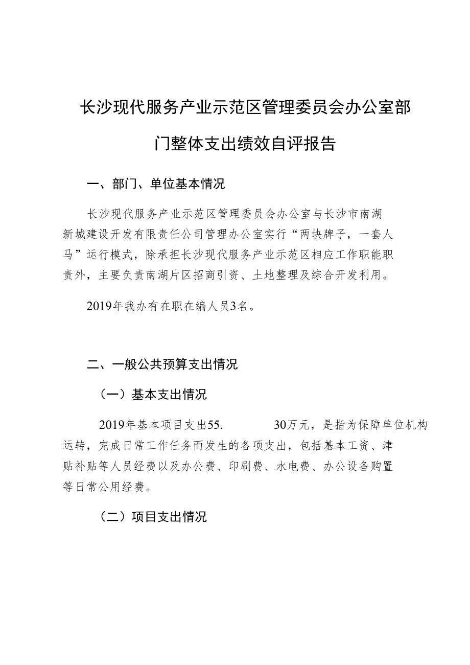 长沙现代服务产业示范区管理委员会办公室部门整体支出绩效自评报告.docx_第1页