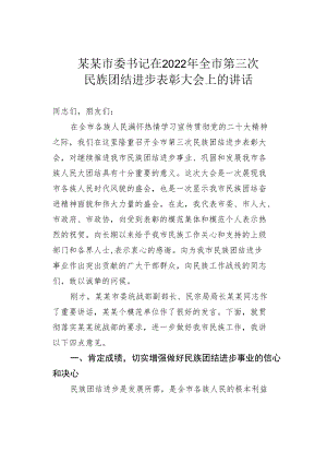 某某市委书记在2022年全市第三次民族团结进步表彰大会上的讲话.docx