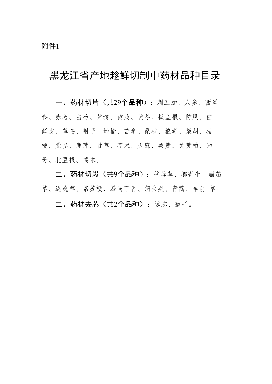 黑龙江省产地加工（趁鲜切制）中药材品种目录、加工报告清单、鲜切药材质量标准编制要求.docx_第1页