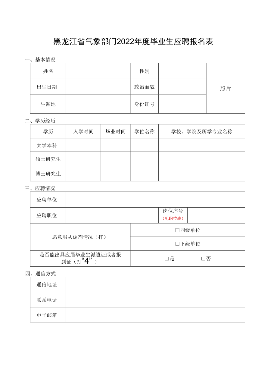 辽宁省气象部门2014年度毕业生应聘报名表.docx_第1页