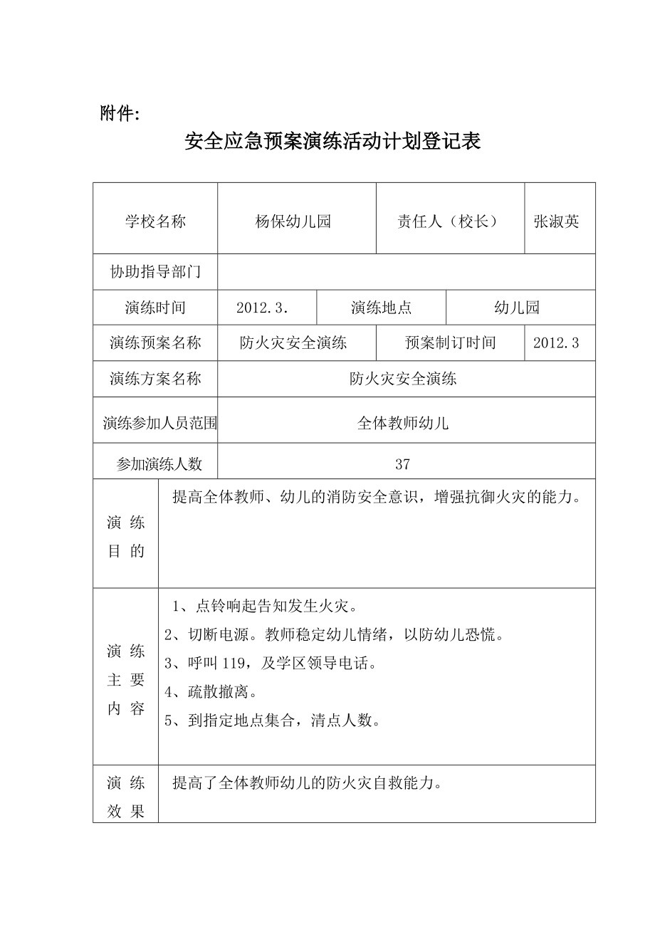 幼儿园安全应急预案演练活动计划登记表资料.doc_第1页