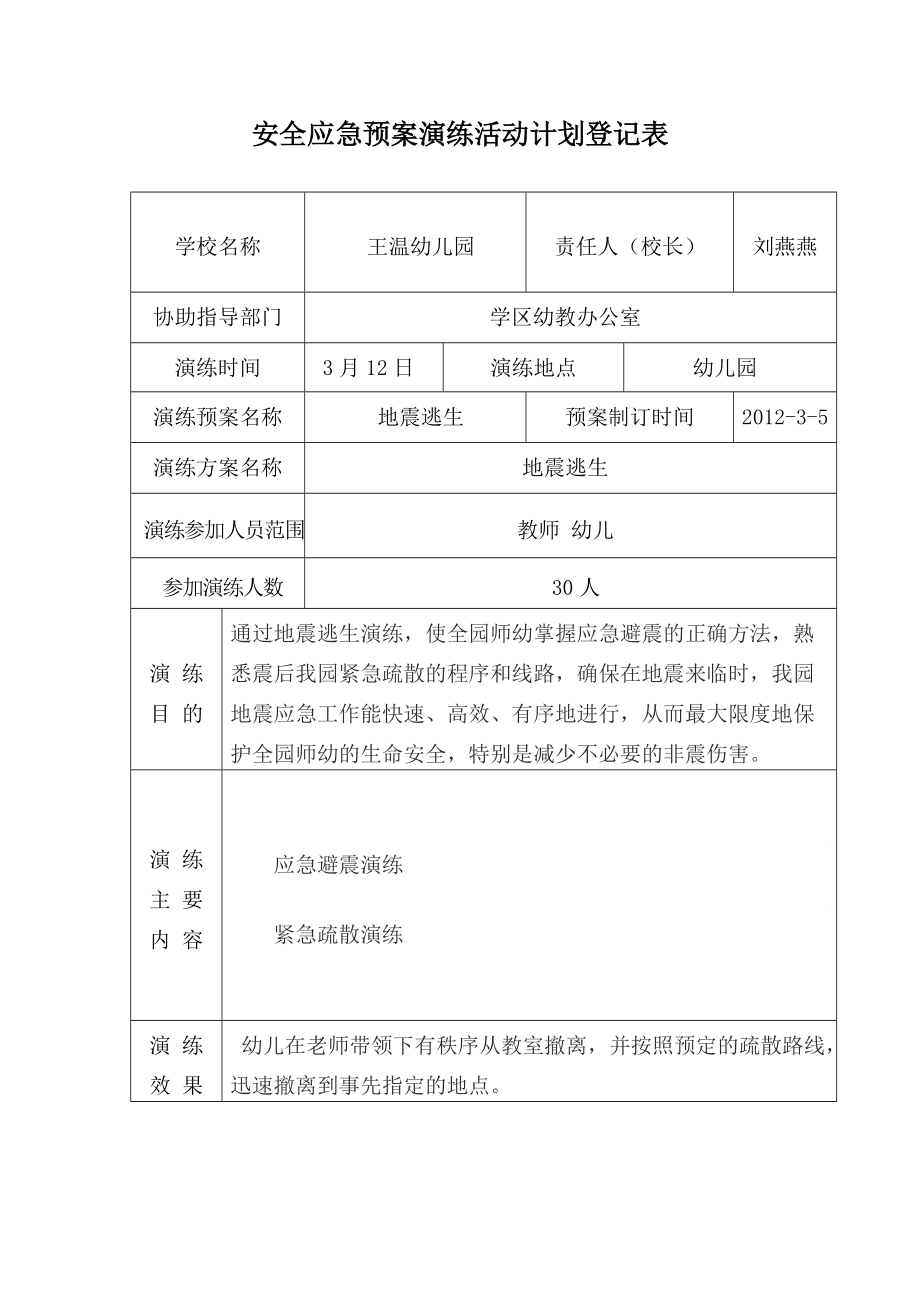 幼儿园安全应急预案演练活动计划登记表资料.doc_第2页