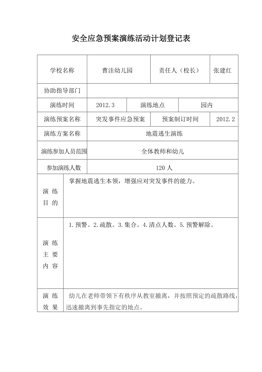 幼儿园安全应急预案演练活动计划登记表资料.doc_第3页