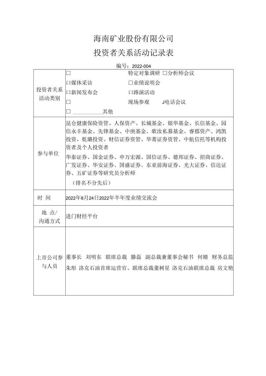 海南矿业股份有限公司投资者关系活动记录表.docx_第1页