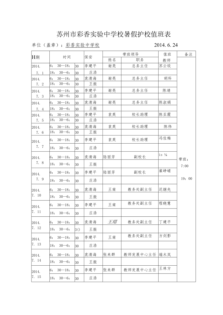 苏州市彩香实验中学校暑假护校值班表.docx_第1页