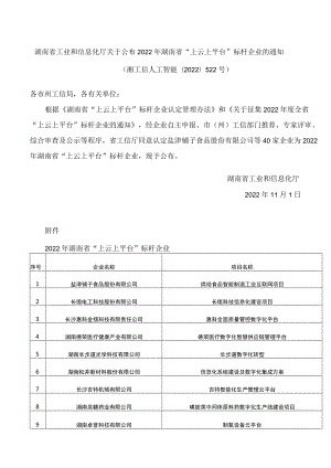 湖南省工业和信息化厅关于公布2022年湖南省“上云上平台”标杆企业的通知.docx