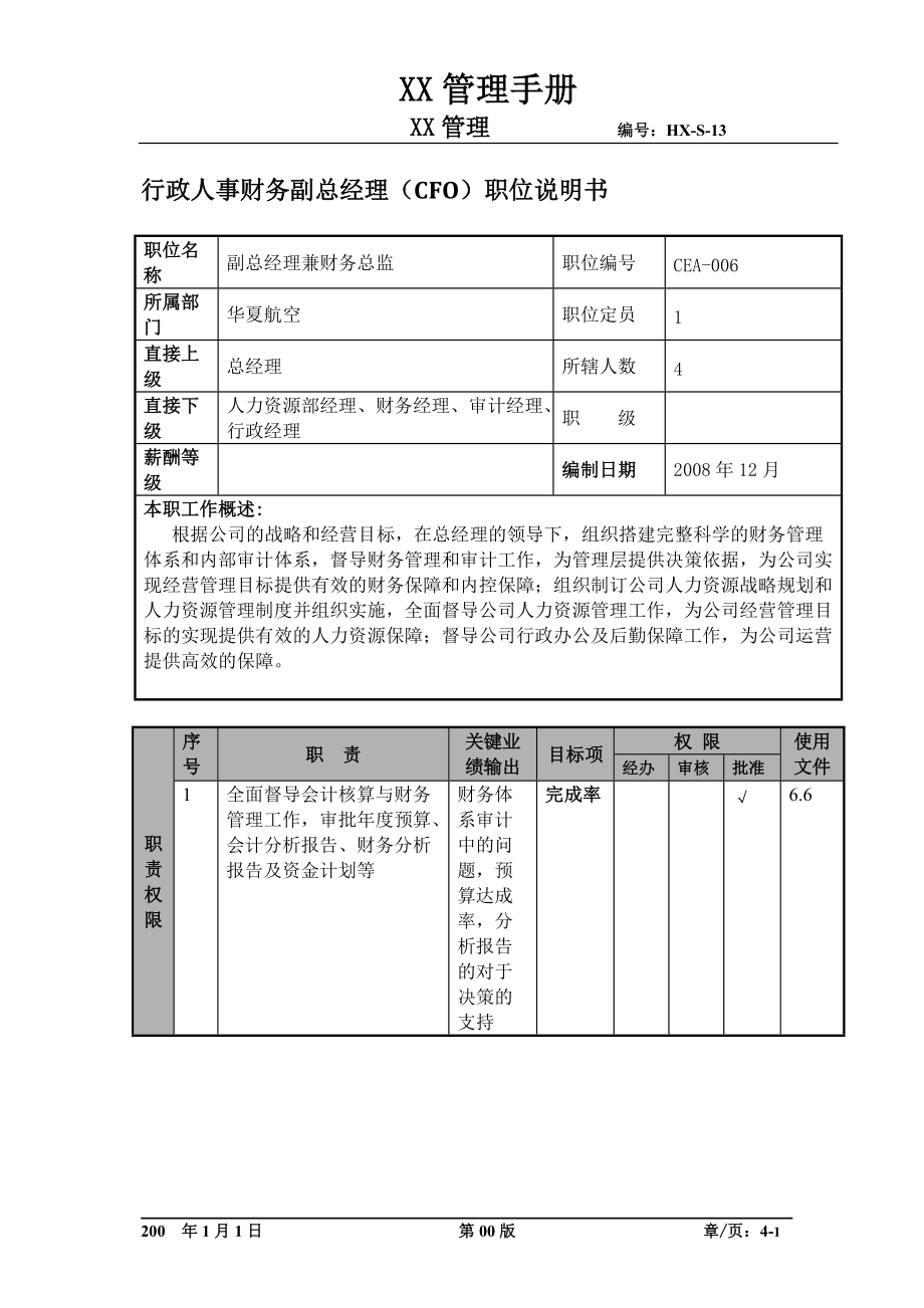 行政人事财务副总经理（cfo）职位说明书及关键绩效标准.docx_第1页