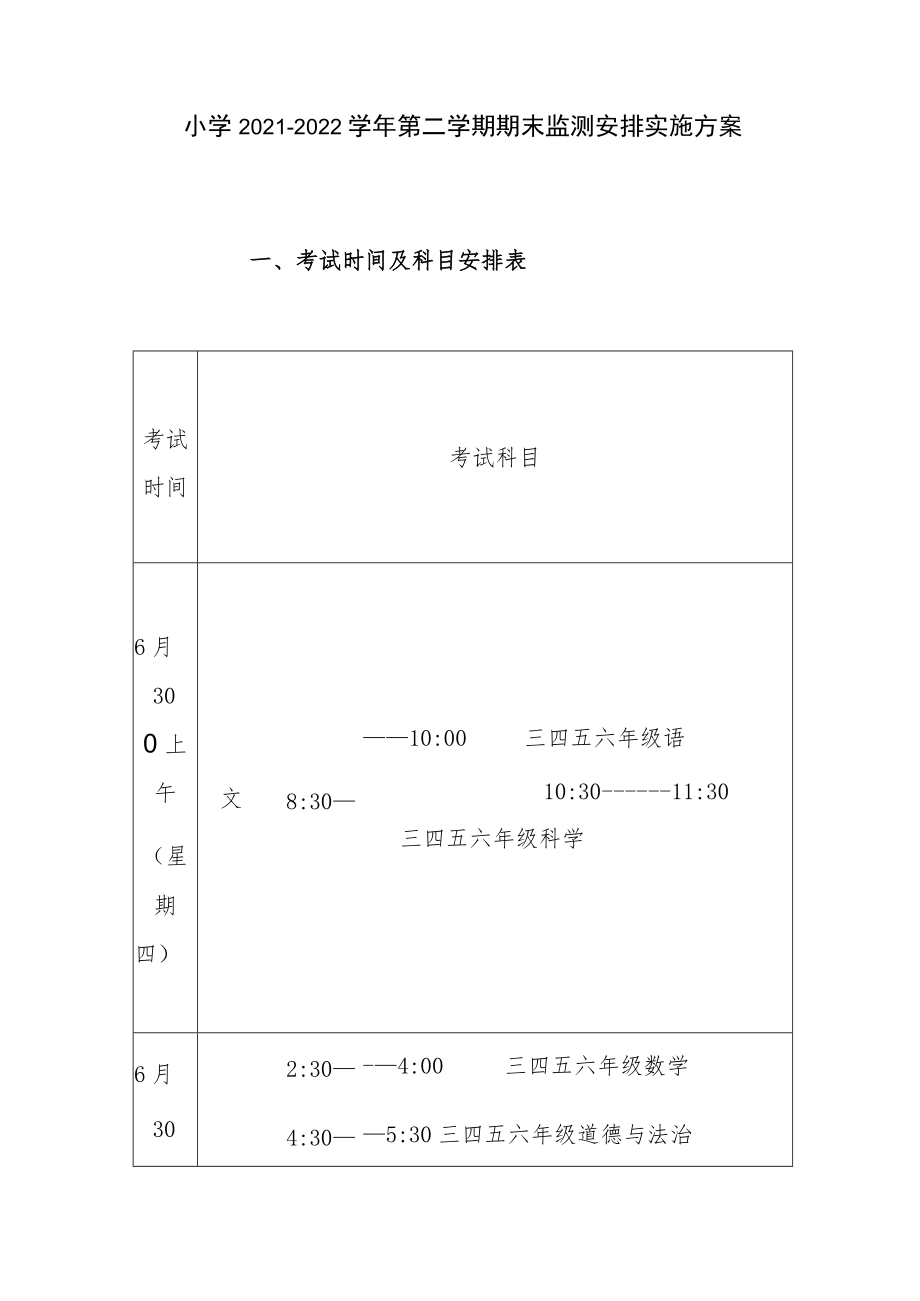 小学2021—2022学年第二学期期末监测安排实施方案.docx_第1页