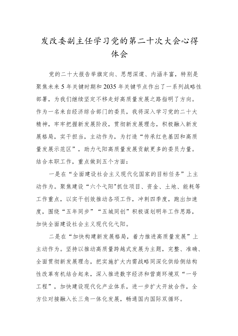 发改委副主任学习党的第二十次大会心得体会.docx_第1页