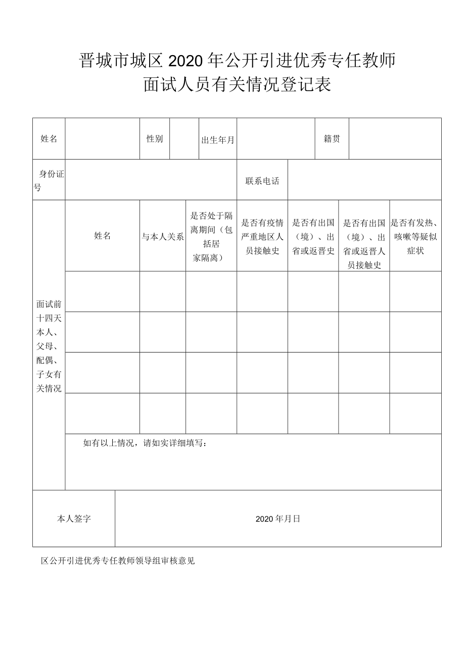 2020年公开引进优秀专任教师 面试人员有关情况登记表.docx_第1页