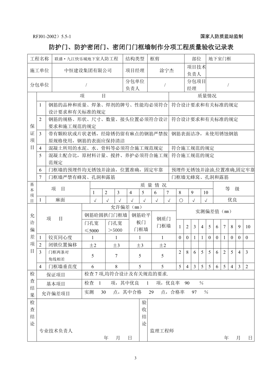 密闭门门框墙制作分项工程质量验收记录表.docx_第3页