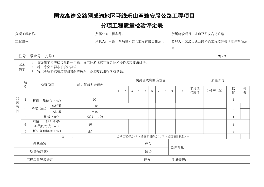 工程质量检验评定表(桥、涵).docx_第1页