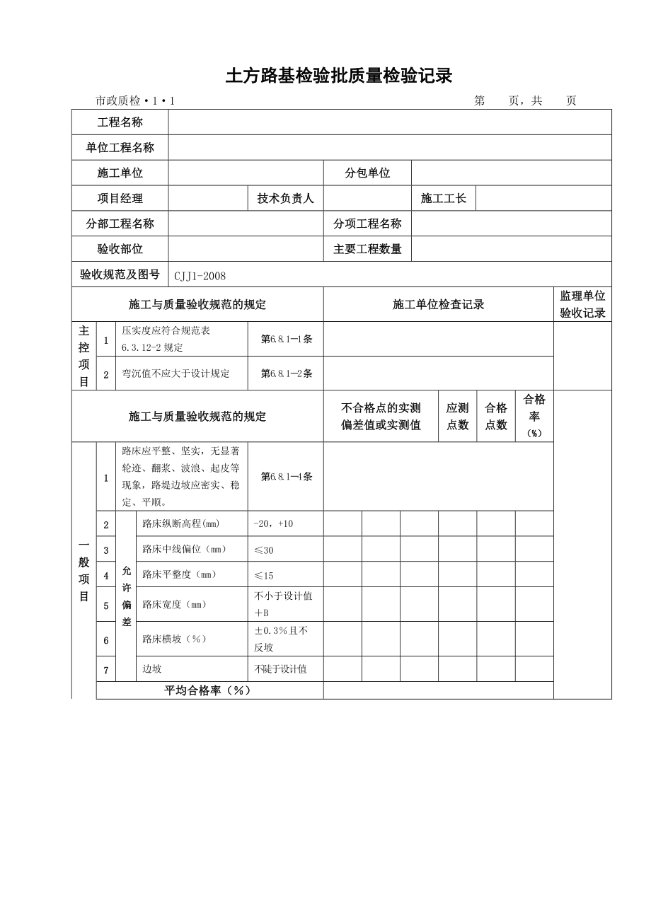 检验批质量检验记录表格新内业表城镇道路工程(CJJ1-20.docx_第1页