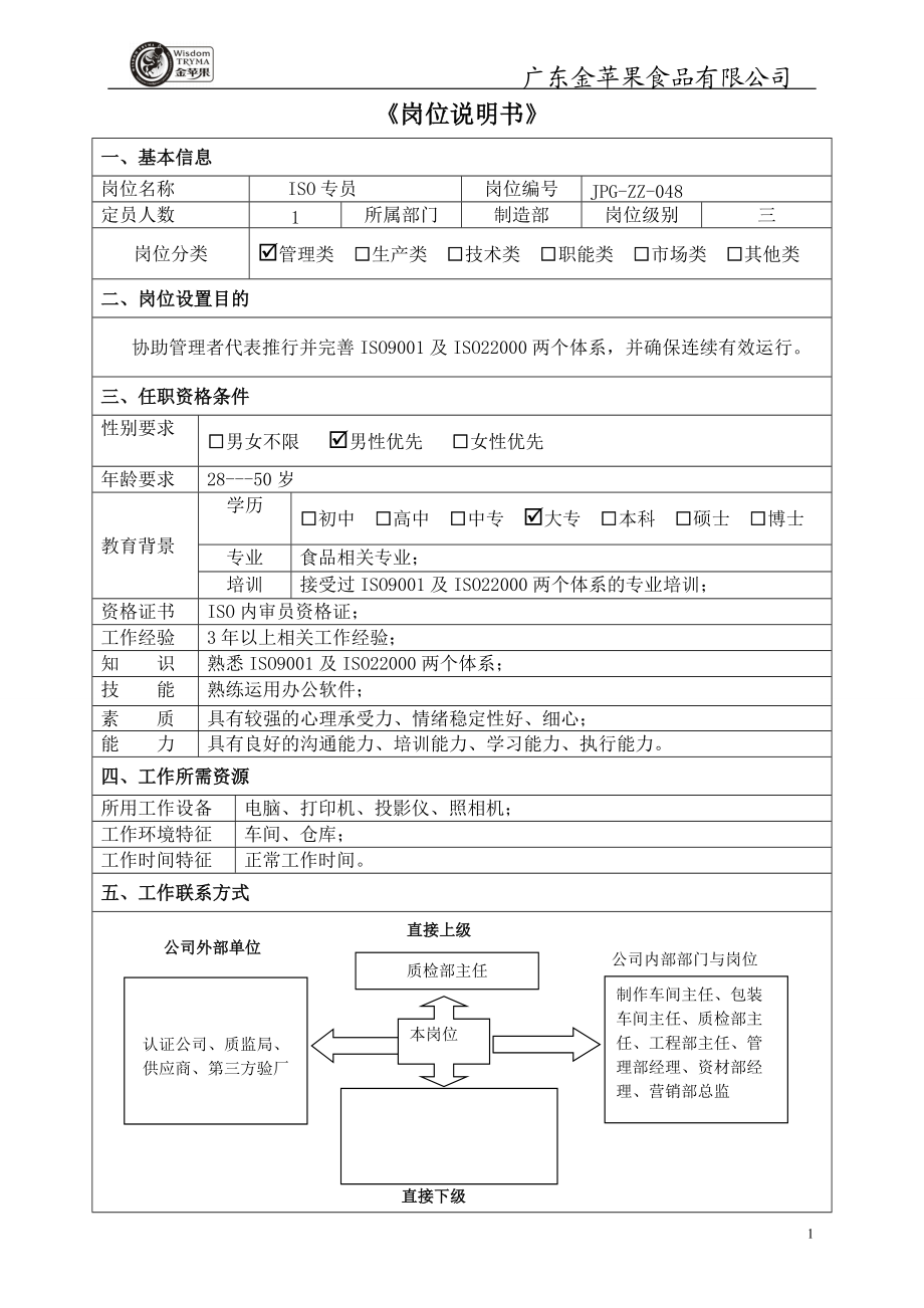 JPG-ZZ-048ISO专员岗位职责说明书.docx_第1页