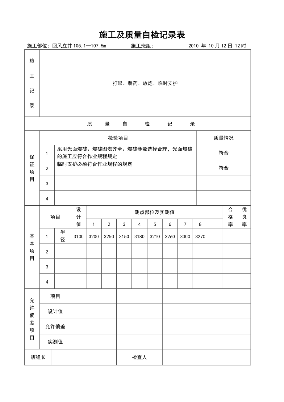 10月份回风立井施工及质量自检记录表.docx_第1页