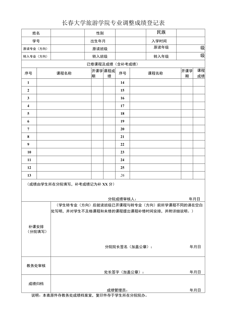 长春大学旅游学院专业调整成绩登记表.docx_第1页