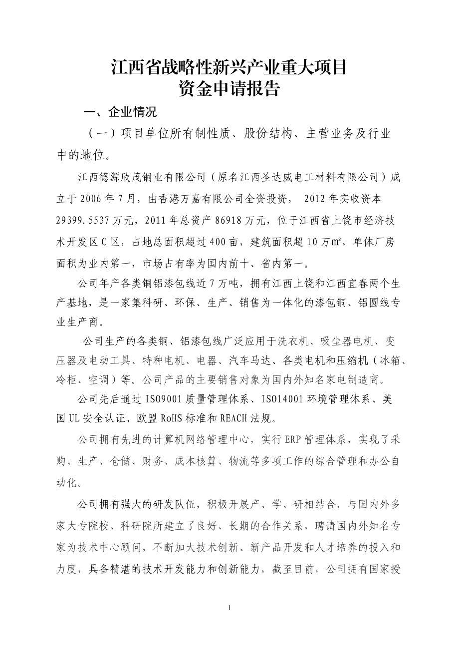 江西德源欣茂铜业公司战略性新兴产业项目申请报告.docx_第1页