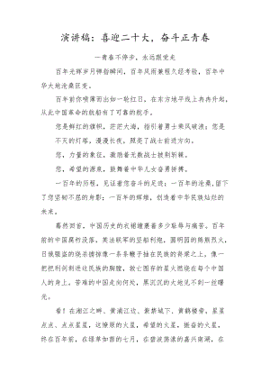 演讲稿：喜迎二十大奋斗正青春（青春不停步永远跟党走）.docx