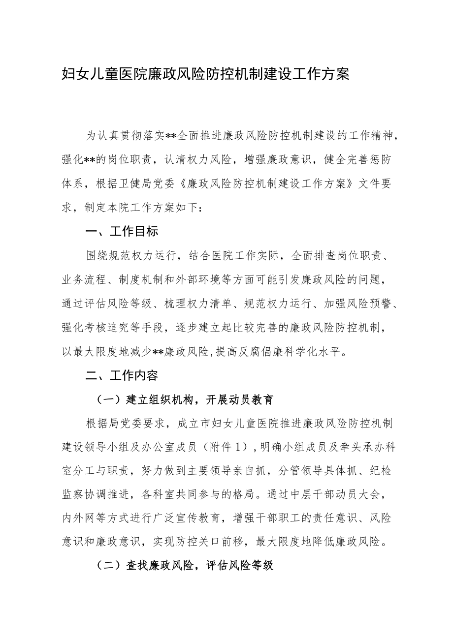 妇女儿童医院廉政风险防控机制建设工作方案.docx_第1页