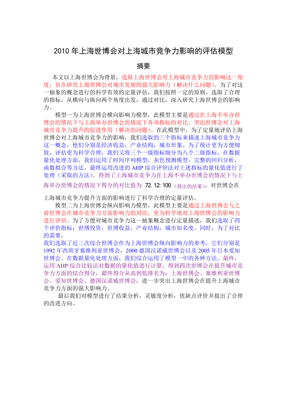 XXXX年上海世博会对上海城市竞争力影响的评估模型_优秀.docx_第1页