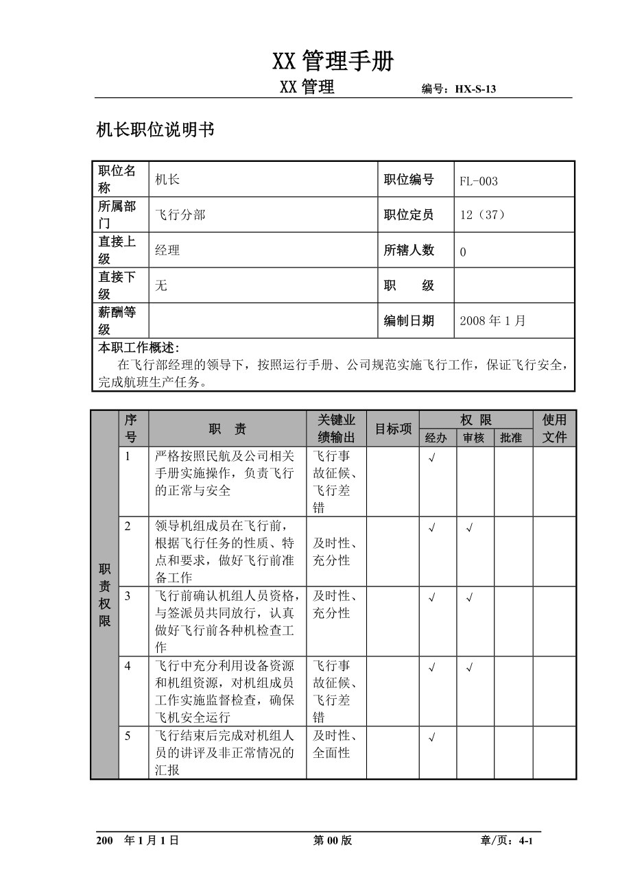 某航空物流公司机长职位说明书及关键绩效标准.docx_第1页