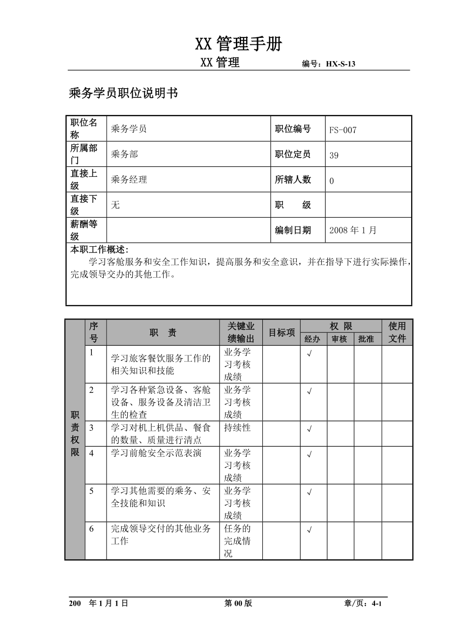 某航空物流公司乘务学员职位说明书及关键绩效标准.docx_第1页