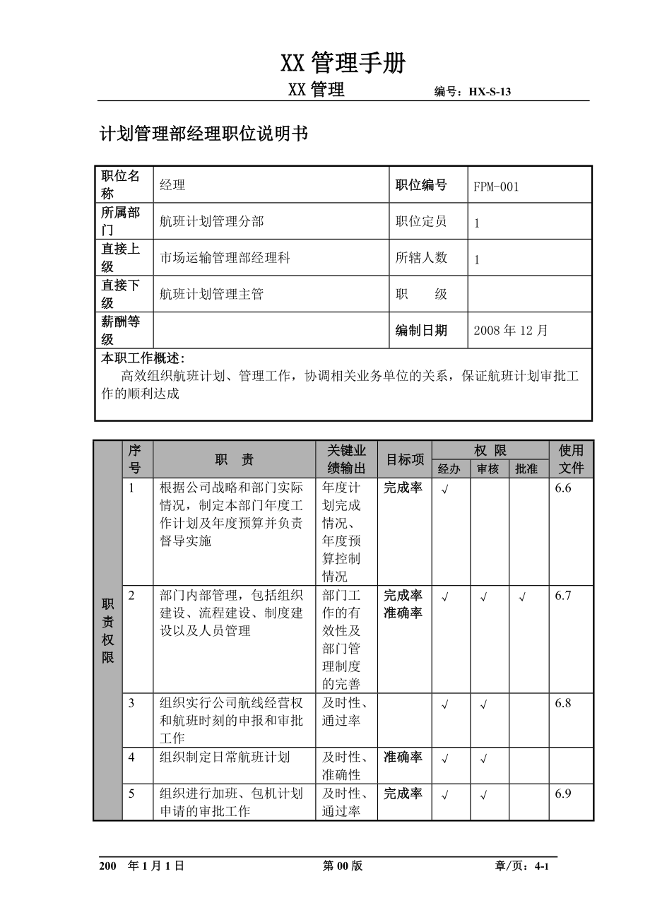 某航空物流公司计划管理部经理职位说明书及关键绩效标准.docx_第1页