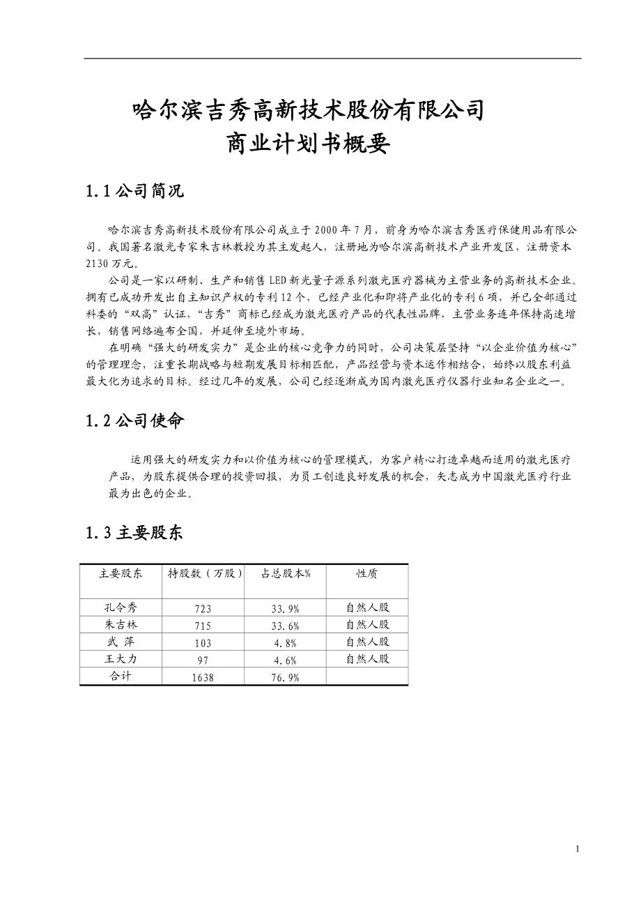 哈尔滨吉秀高新技术股份有限公司商业计划书概要.docx_第1页