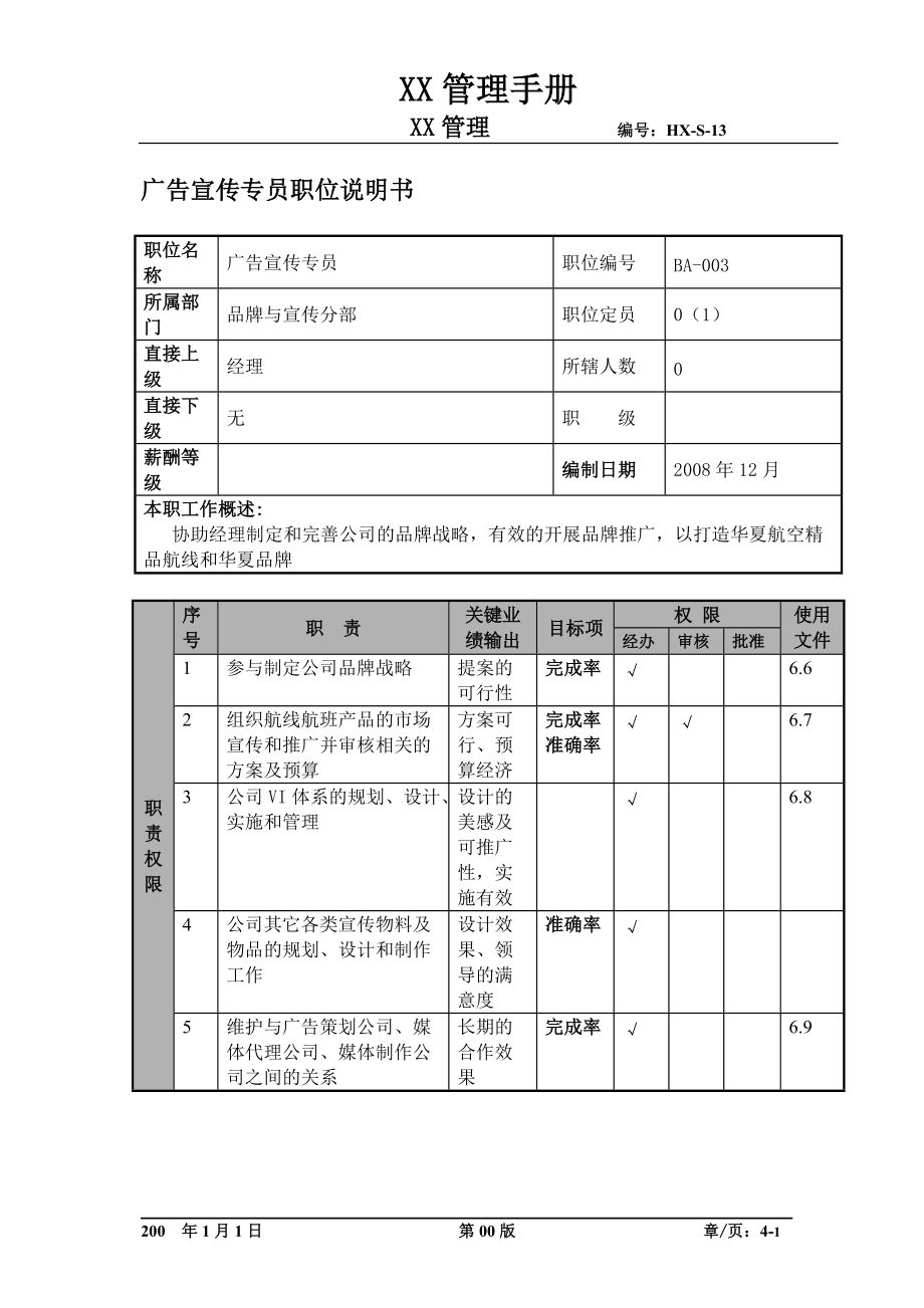 某航空物流公司广告宣传专员职位说明书及关键绩效标准.docx_第1页