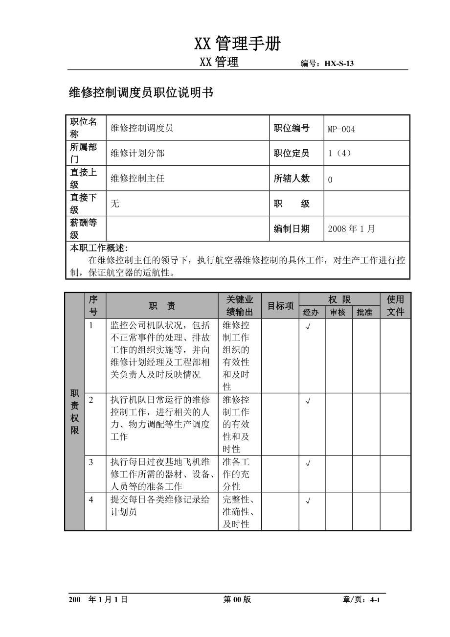 某航空物流公司维修控制调度员职位说明书及关键绩效标准.docx_第1页