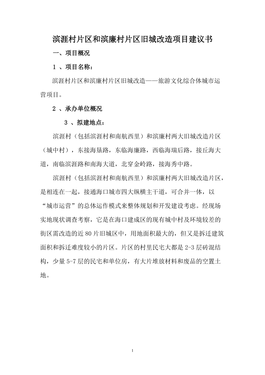 滨涯村片区和滨廉村片区旧城改造项目建议书91452807.docx_第1页