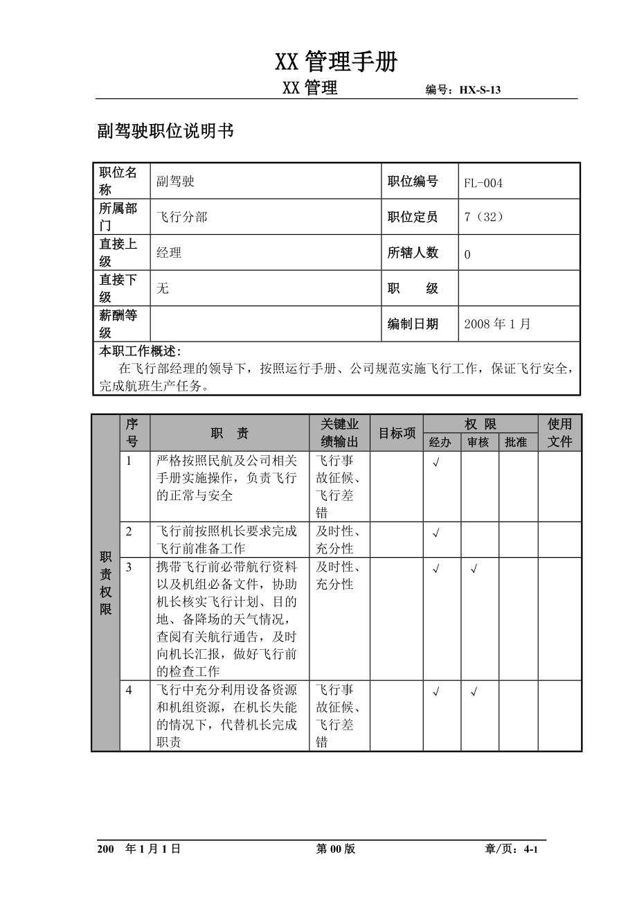 某航空物流公司副驾驶职位说明书及关键绩效标准.docx_第1页