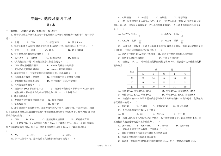 浏览该文件-专题七遗传及基因工程.docx_第1页