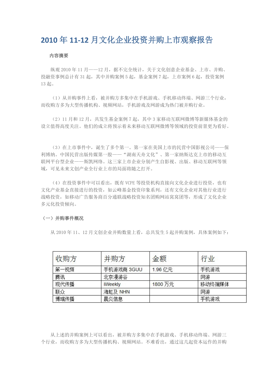 XXXX年11-12月文化企业投资并购上市观察报告.docx_第1页