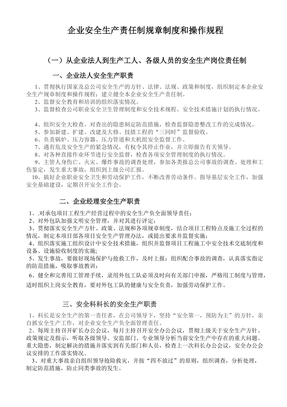 企业安全生产责任制规章制度和操作规程.docx_第1页