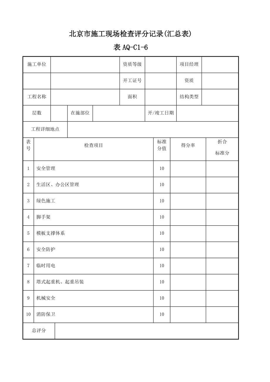 (十张表)安全资料管理规程施工现场评分表及评分说明.docx_第1页