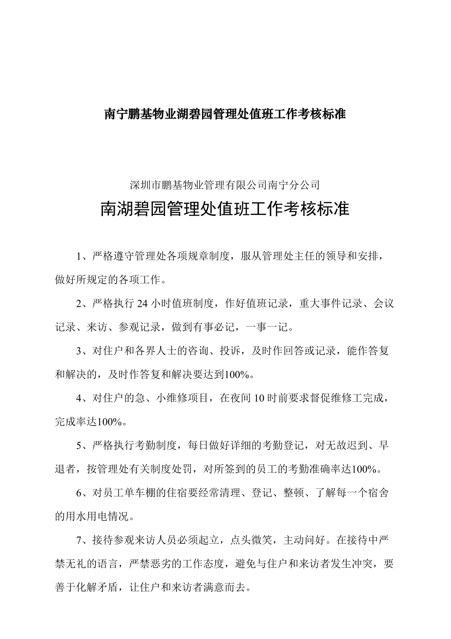 南宁某某公司管理处值班工作考核标准.doc_第1页