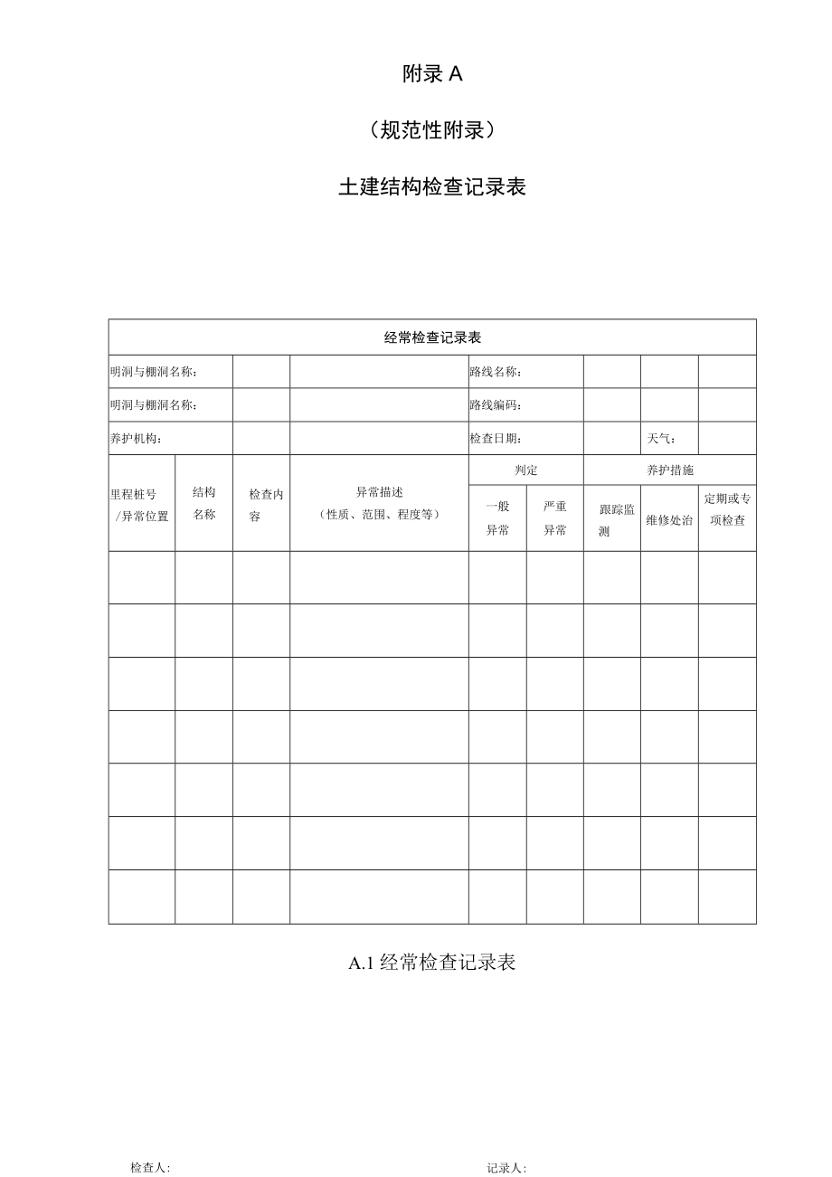 公路明洞与棚洞养护指土建结构检查记录表、土建结构技术状况评定标准.docx_第1页