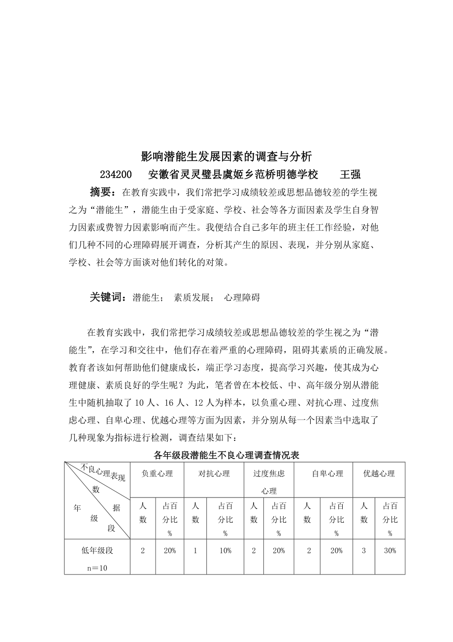 关于影响潜能生发展因素的调查分析.docx_第1页