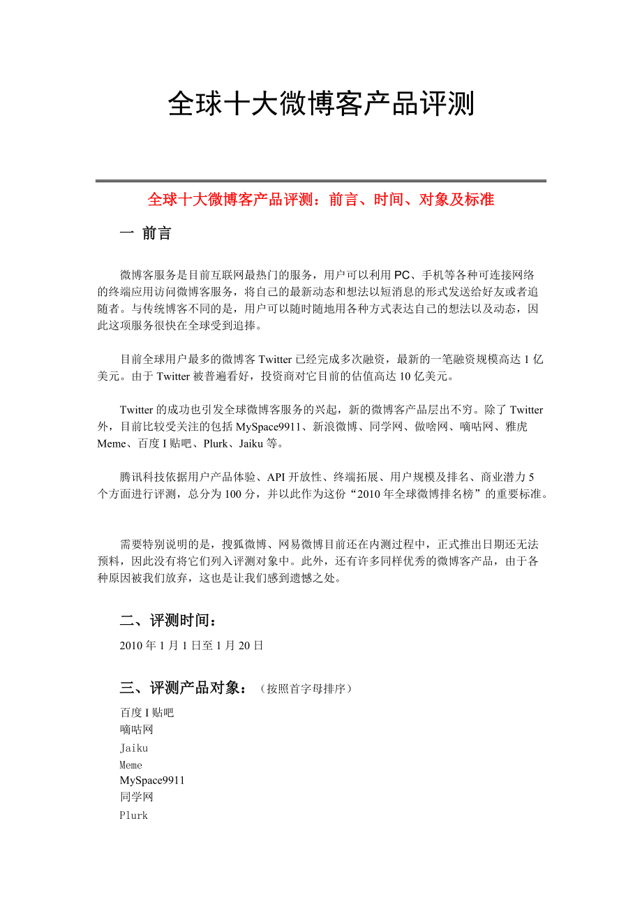 全球十大微博客产品评测的时间、对象与标准.docx_第1页