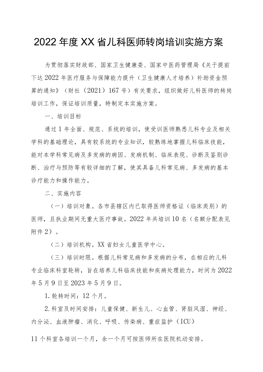 2022年度儿科医师转岗培训实施方案.docx_第1页